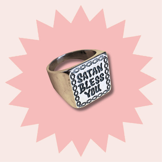 SATAN BLESS YOU - Sterling Silver Signet Ring